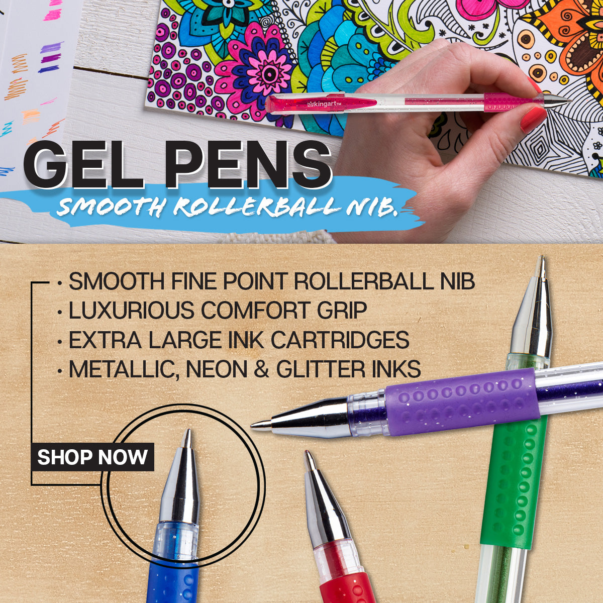 KINGART® Soft Grip Glitter Gel Pens, 2.0mm Ink Cartridge, Set of